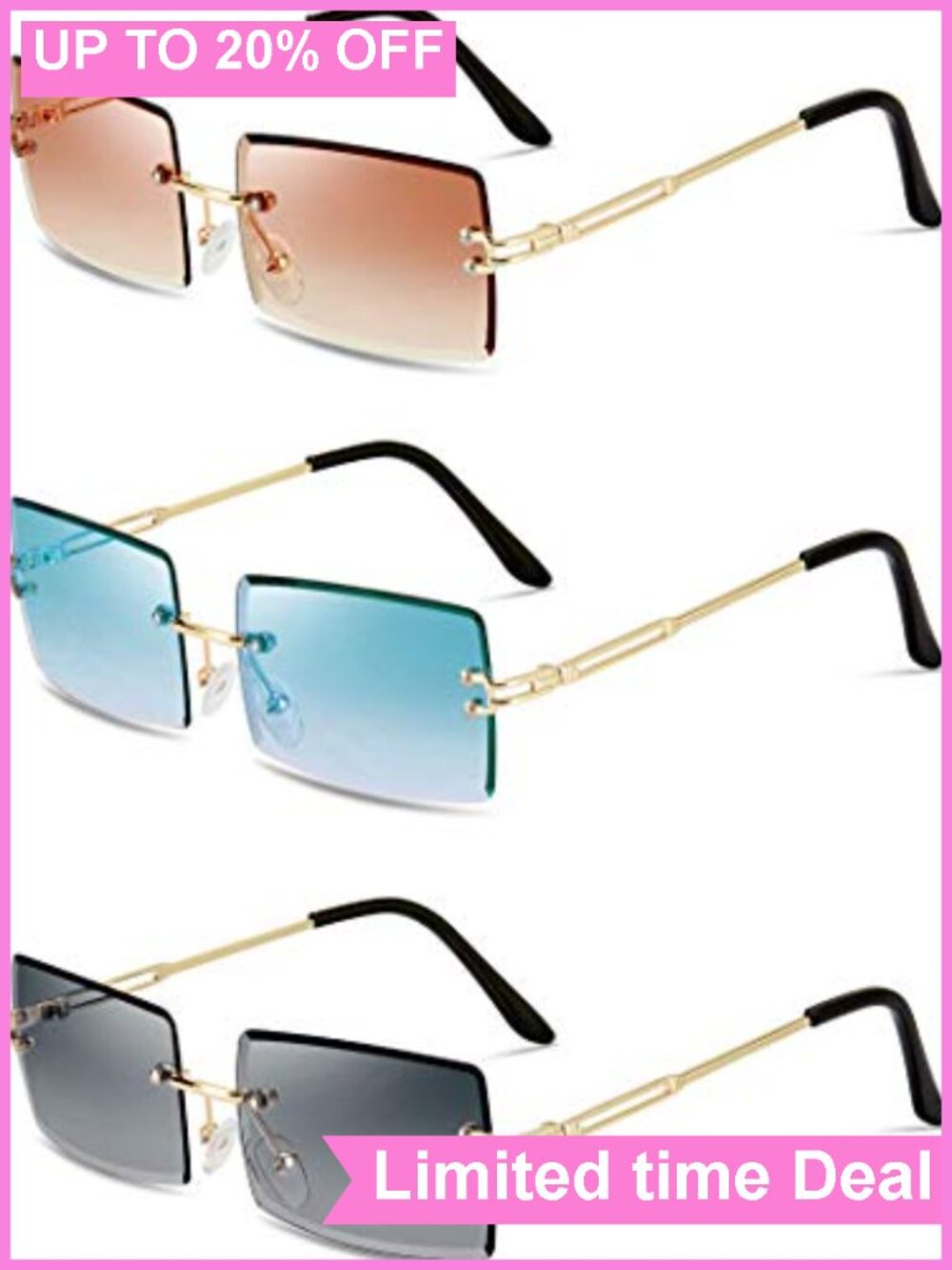3 Pack Rimless Rectangle Sunglasses Tinted Lens Metal Frame